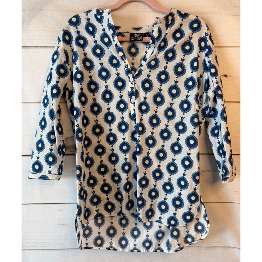 Madison Mathews Blue White Cotton Block Print Henley Tunic Top Small